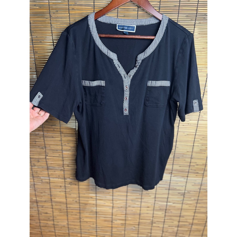 Karen Scott Womens XL Black Gingham Trim Henley Top Short Sleeve Knit Shirt
